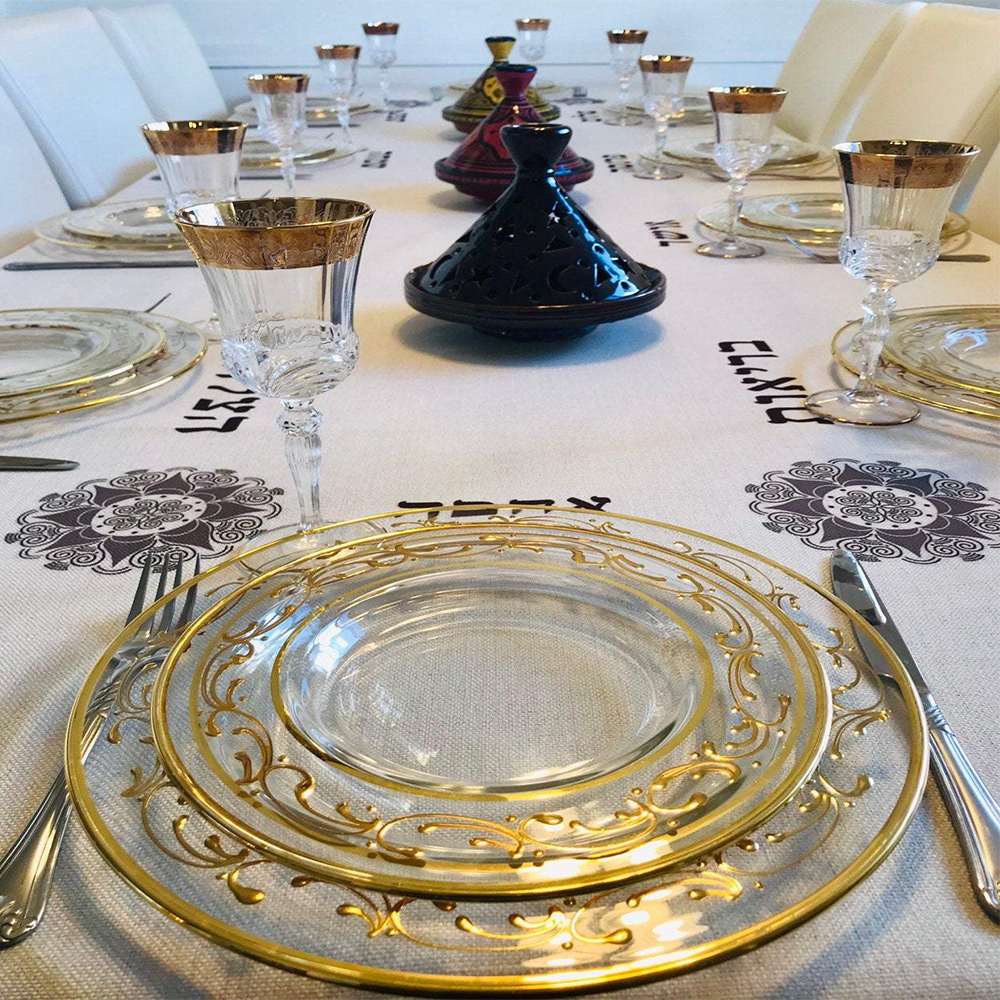 Elegant Brown Brachot tablecloth designed by Broderies de France, perfect for Shabbat and Yom Tov celebrations.